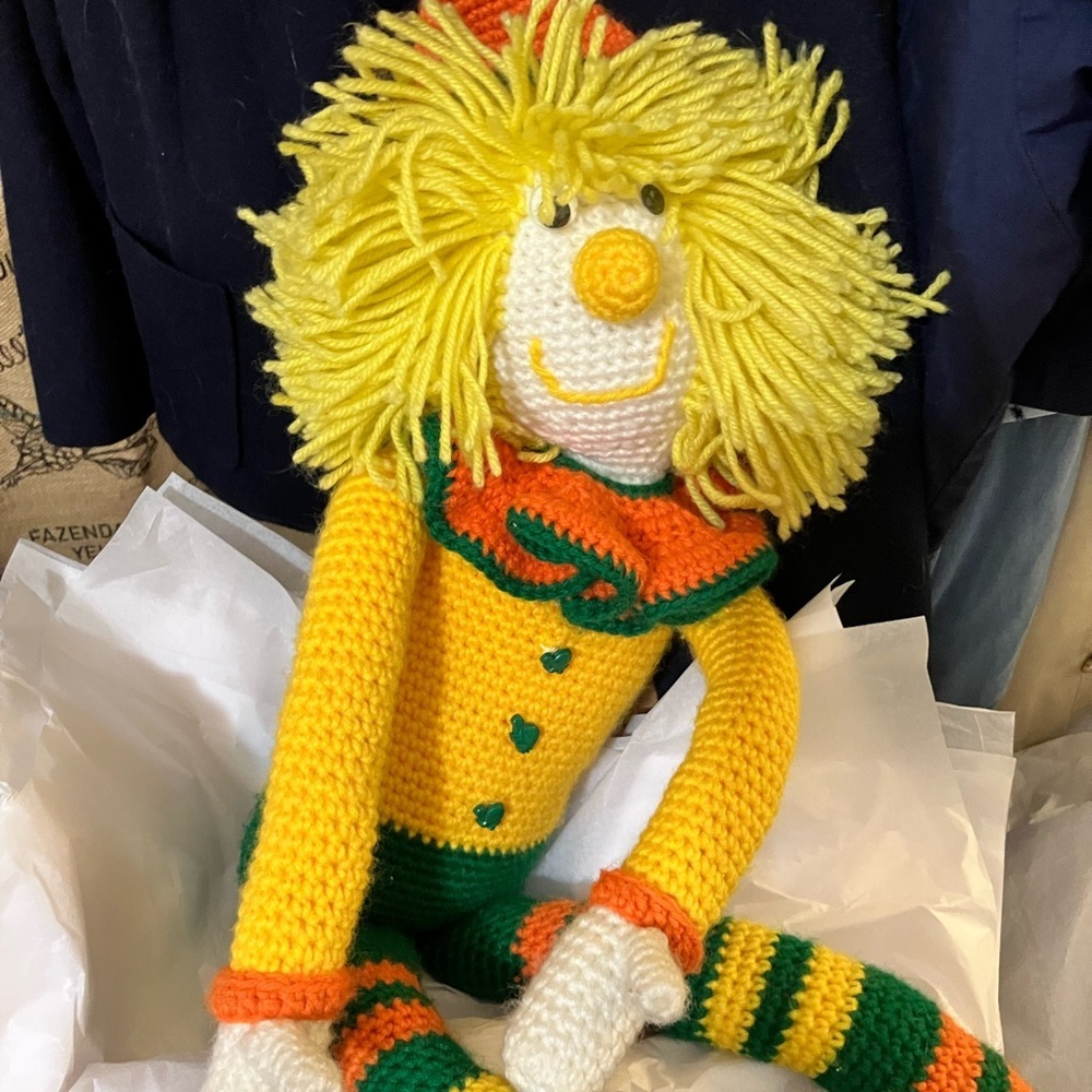 Hand knit 3’ portable clown with turtle buttons